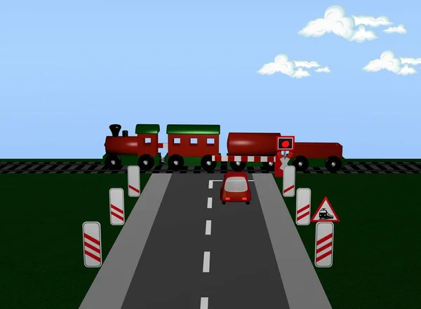 Tren, St Andrew's çapraz ve mesafe işareti ile demiryolu geçişi. — Stok fotoğraf