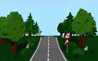 Otoban yol işareti yamaç ve vahşi değişikliği, ağaçlar, tavşan ile bir