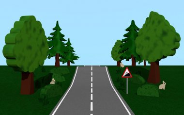 Köy yolunda yol işareti yamaç, ağaçlar ve tavşan