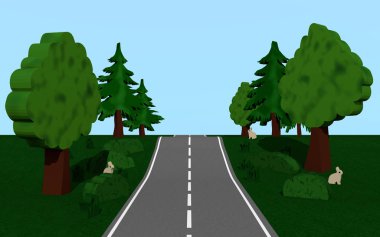 Köy yolunda ağaçlar ve tavşan