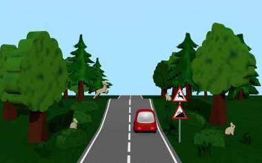 Otoban yol işareti yamaç ile ve vahşi değiştirmek, arabalar, ağaçlar, b