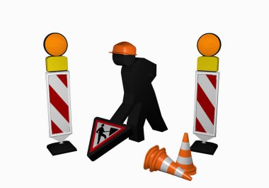 İnşaat işçisi baton ile trafik koni ve inşaat si