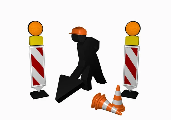 Byggnadsarbetare med stafettpinnen, trafik konen och varningslampa — Stockfoto