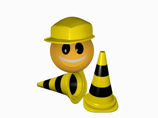 Emoticon rindo com capacete protetor e cones de tráfego em bl — Fotografia de Stock