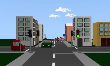 Yeşil trafik ışığı ve renkli araba ile yol geçiş