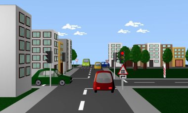 Kırmızı trafik ışığı, olan yol renkli otomobil ve yol işaret: tren