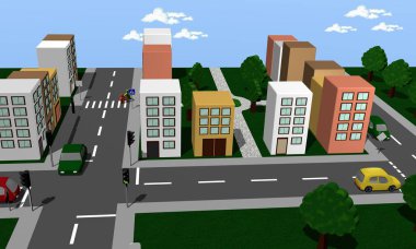 Trafik yol, kavşak, trafik ışığı ve park Şehir Manzaralı.