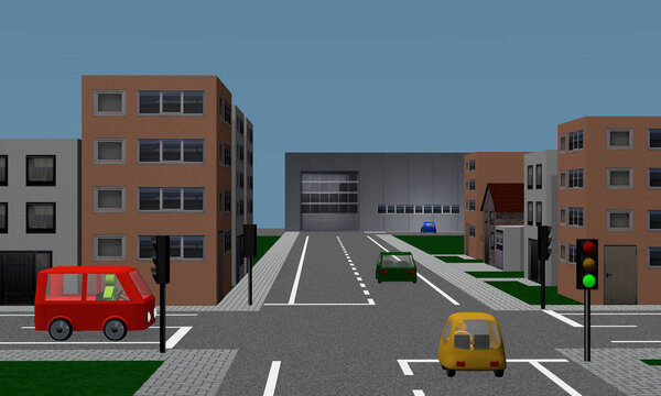Road crossing with traffic lights, cars, houses and factory.