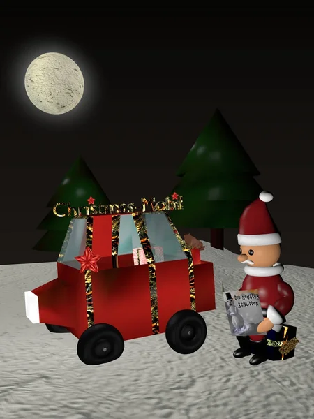 Santa Claus sits next to his flat-wheeled car on a gift and read