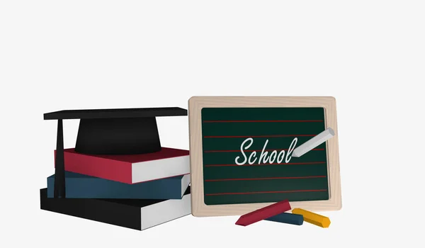 Schiefertafel mit der Textschule und ein Stapel Bücher, auf denen ein Hoch — Stockfoto