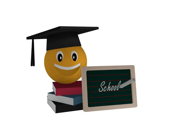 Slate with the text School, a stack of books and an emoticon wit — Stock Photo, Image