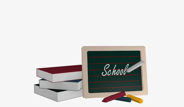 Pizarra con el texto Escuela, una pila de libros y tiza de colores — Foto de Stock