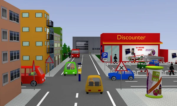City view with discounter — Stock Photo, Image