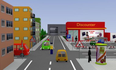 Şehir Manzaralı İndirimcisi, Otopark, Araba, sokak işaretleri ve polis ile