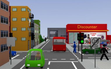 Cityscape trafik ışıkları, ev ve renkli araba ile 