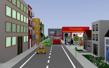 Yeşil trafik ışığı, renkli otomobil, insanlar, ev ve otobüs ile Cityscape