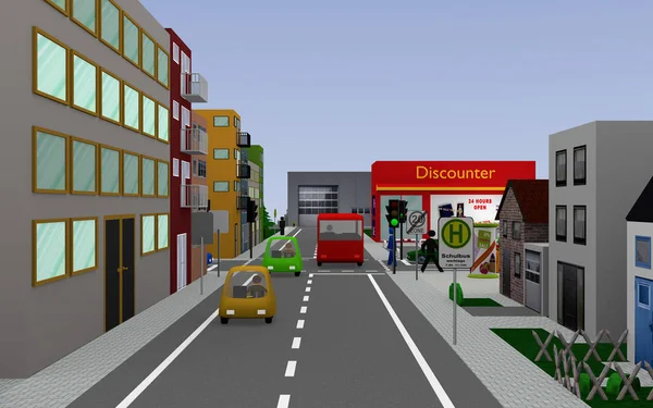 Yeşil trafik ışığı, renkli otomobil, insanlar, ev ve otobüs ile Cityscape