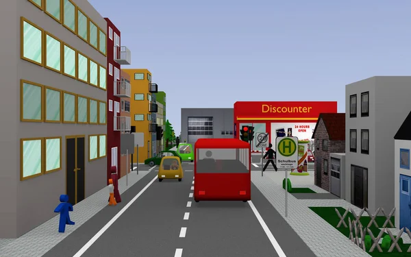 Paesaggio urbano con semafori rossi, auto colorate, persone e case — Foto Stock