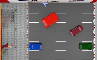 Renkli otomobil, trafik işaretleri ve indirim mağazası ile park yeri 