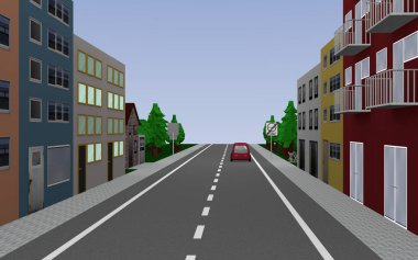 Satır ev, araba ve yol yol işareti. 