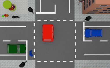 Renkli otomobil ve trafik ışıkları ile yol kavşak. 