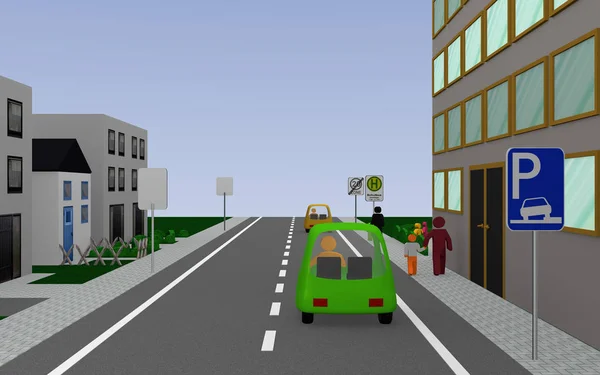 School street with signs, parking on the walkway allowed — Stock Photo, Image