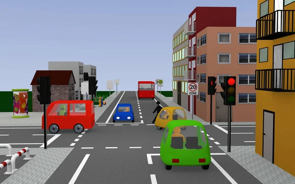 Kırmızı trafik ışığı ve işaretleri olan yol, okul otobüsü durdurun ile Alman metin — Stok fotoğraf