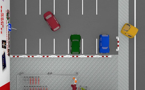 Estacionamento com carros, sinal de estrada e loja de desconto — Fotografia de Stock