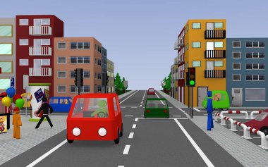 Cityscape kavşak, mağazalar, arabalar, evler ve yayalar ile