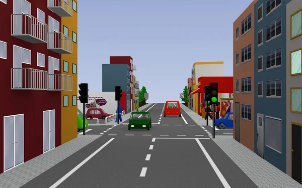 Hlavní ulice s řádek zelený semafor, obchody a auta — Stock fotografie