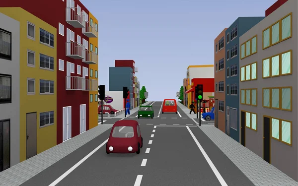 Hauptstraße mit Reihenhäusern, Kreuzungen, Geschäften und Autos — Stockfoto