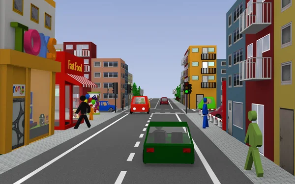 Cityscape com semáforo verde, casas, carros, pedestres e lojas — Fotografia de Stock