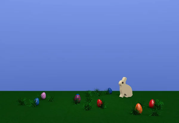 Paesaggio pasquale con coniglietto, uova colorate e ciuffi d'erba su prato verde — Foto Stock