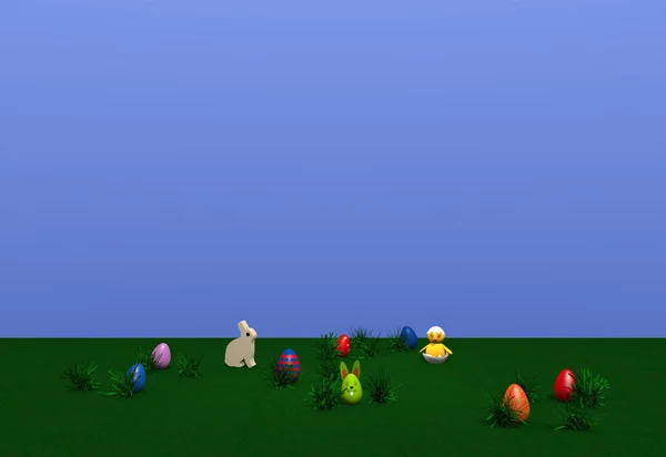 Påsk landskap med kaniner, kycklingar, färgglada ägg, påskharar och knippen av gräs — Stockfoto