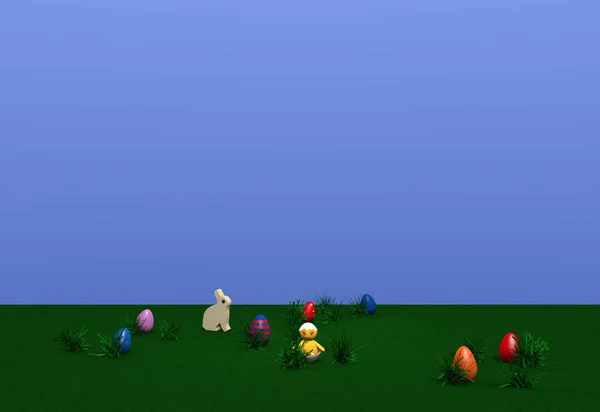 Krajobraz Easter bunny, pisklęta, kolorowe jajka i kępki trawy na łące — Zdjęcie stockowe