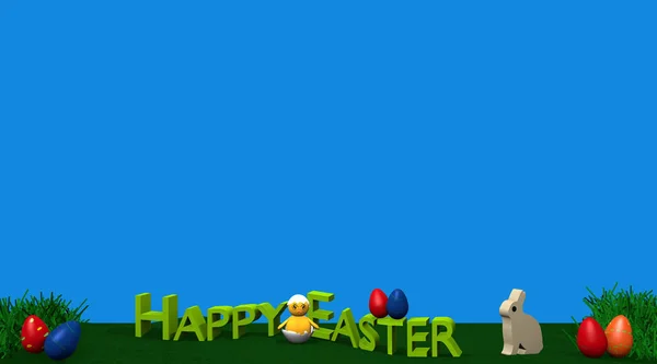 Påsk landskap med bunny, kycklingar, färgglada ägg, gräs knippen och texten Glad påsk — Stockfoto