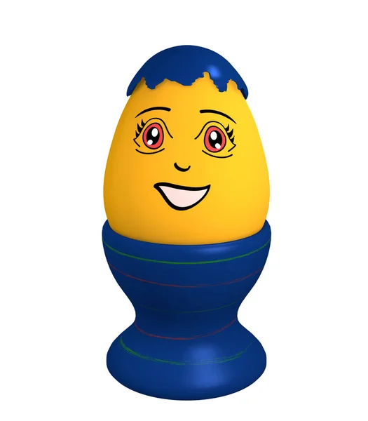 Gele Paasei in eggcup met gezicht in manga stijl. — Stockfoto