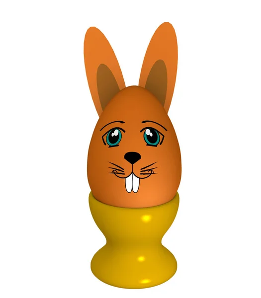 Telur Paskah oranye dengan wajah kelinci dan telinga kelinci di cangkir telur . — Stok Foto