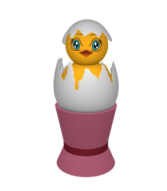 Chick, pembe eggcup manga tarzında gözlü bir yumurta kabuğu.