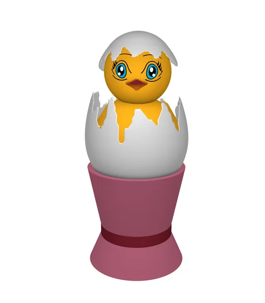 Chick, in een "eggshell" met ogen in manga stijl in een roze eggcup. — Stockfoto