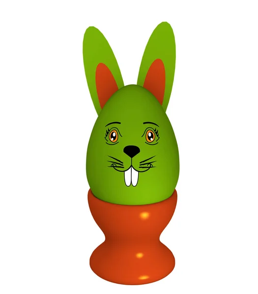 Groene paasei met rabbit's gezicht en de oren van het konijn in eggcup — Stockfoto