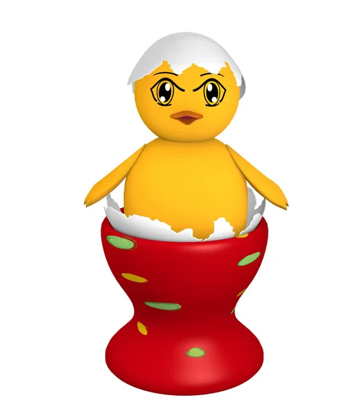Chick, in een "eggshell" met ogen in manga stijl in een rood eggcup met stippen — Stockfoto