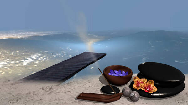 Sea with a sandy beach from which a jetty goes into the water,in the sand is a bowl of flowers