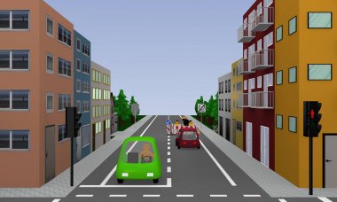 Trafik ışığı, renkli arabalar, evler ve şantiye ile sokak