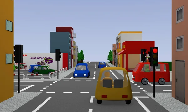Cruzamentos com semáforos vermelhos brilhantes, carros coloridos e casas — Fotografia de Stock