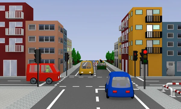 Kruising met rood gloeiende verkeerslicht, kleurrijke auto's, huizen — Stockfoto