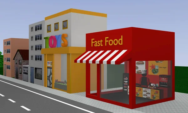 Σειρά των σπιτιών με κατάστημα γρήγορου φαγητού και κατάστημα παιχνιδιών. — Φωτογραφία Αρχείου