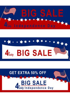 Kırmızı, mavi ve beyaz Amerikan bayrağı ile 4 Temmuz için satışı büyük başlığı. 