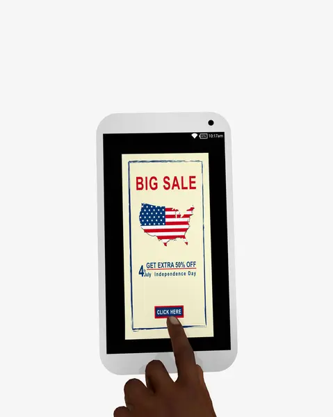 Telefon mobil cu publicitate de vânzare și o mână făcând clic pe un buton — Fotografie, imagine de stoc
