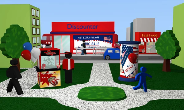 Parque con vistas a una tienda de descuento publicidad Día de la Independencia de EE.UU. — Foto de Stock